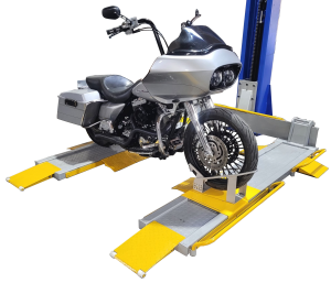 Motorcycle side-loaded on Multi-Lift with motorcycle attachment