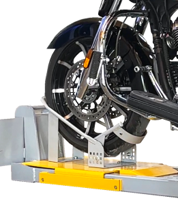 Motorcycle front wheel secured in Multi-Lift motorcycle attachment