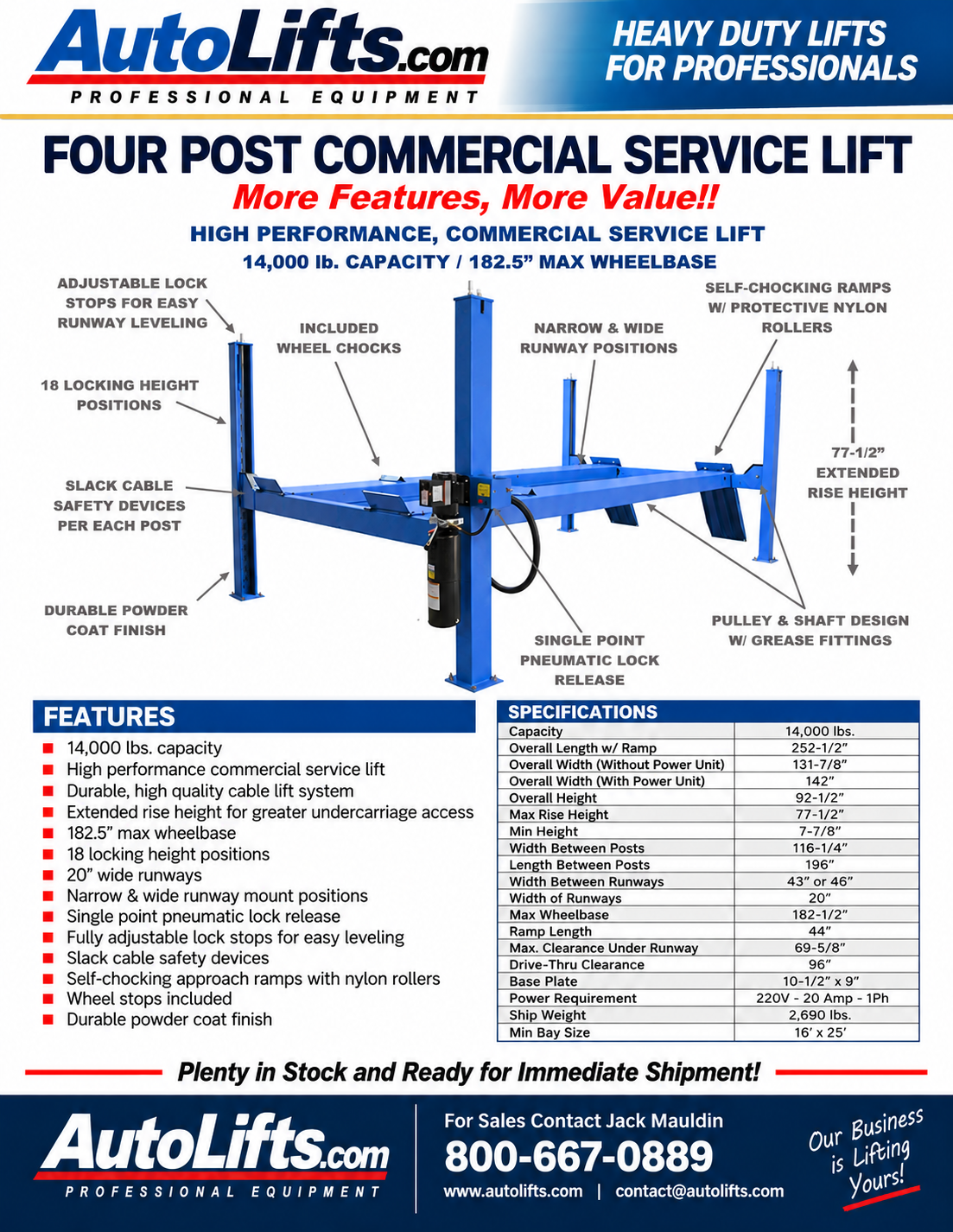 14,000 lb four post commercial service lift features and specifications