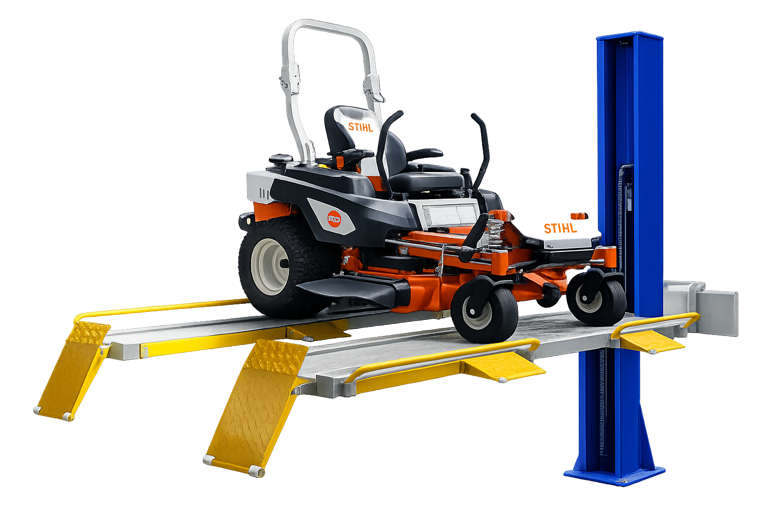 Multi-Lift with zero-turn mower elevated for service