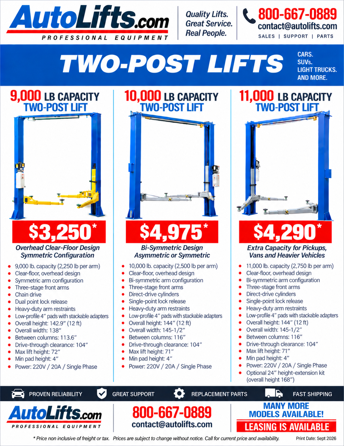 AutoLifts.com two post service lifts in 9,000, 10,000 and 11,000 pound capacities